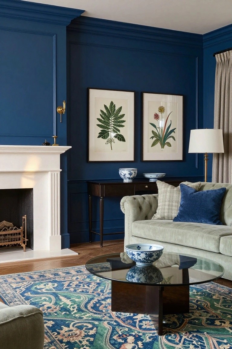 Living room with deep navy blue paneled walls, white fireplace, two framed botanical prints, blue-and-white porcelain bowls on a side table and coffee table, tufted pale green sofa with blue and checkered pillows, glass coffee table, and blue-green patterned rug.