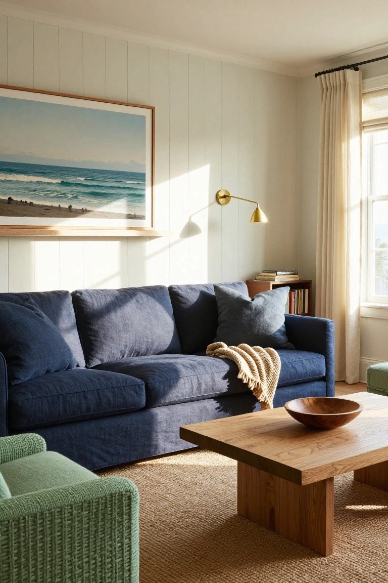Living room with navy blue linen sofa draped in cream throw, two green textured armchairs, low oak coffee table with wooden bowl, seagrass rug, white shiplap walls, large framed ocean beach painting, and window with beige linen drapes.