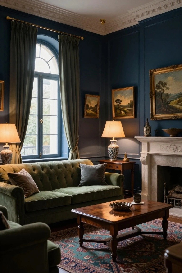 A living room with navy blue paneled walls, two green velvet tufted sofas, wooden coffee table, brass-accented lamps, porcelain vases, framed landscape paintings, and a white marble fireplace.