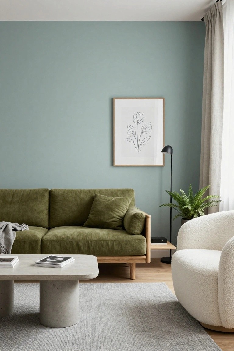 Living room with light teal walls, olive green velvet sofa, white curved armchair, gray concrete coffee table, floor lamp, potted plant, and line drawing artwork.