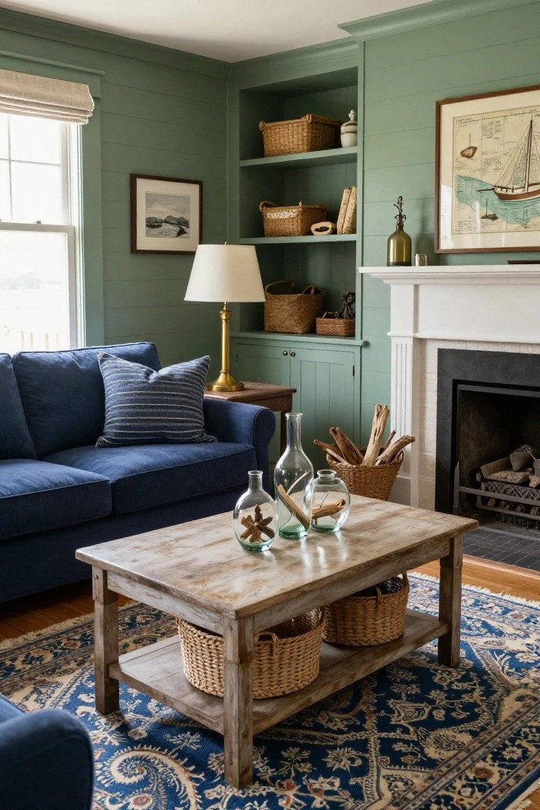 A cozy living room with sage green shiplap walls, navy blue sofa, white fireplace, wooden coffee table with glass bottles and woven baskets, and blue patterned rug.