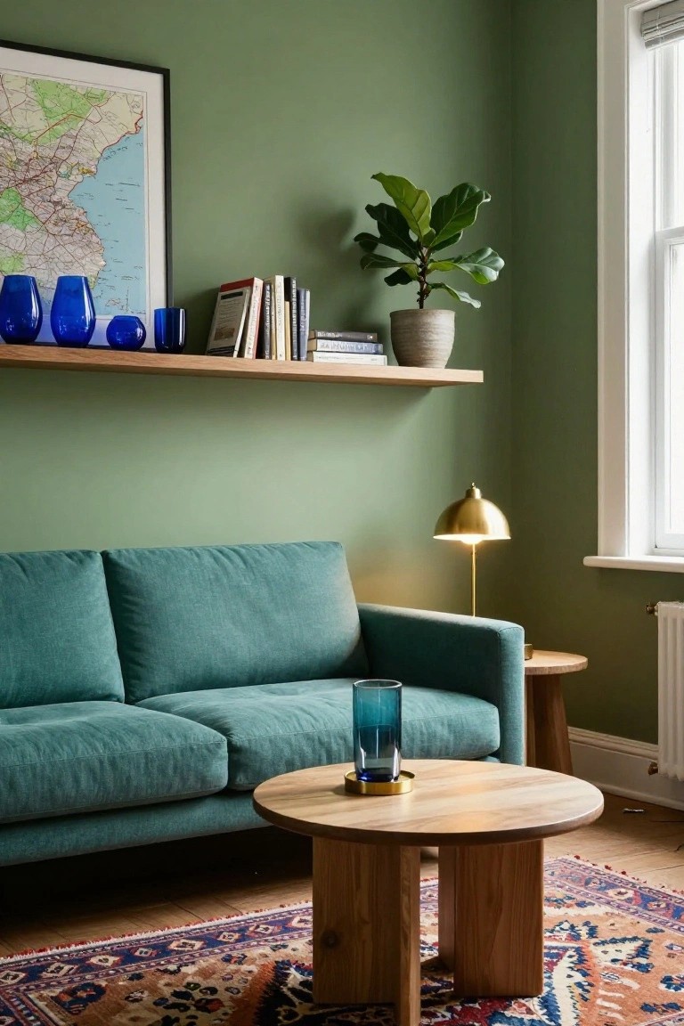 A living room with sage green walls, teal upholstered sofa, oak floating shelves holding blue glassware books and a potted fiddle leaf fig, gold arc lamp, wooden side table and coffee table, and patterned rug on hardwood floor.