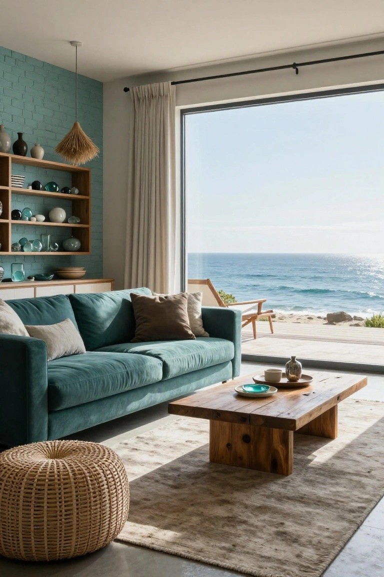 A living room interior with teal brick accent wall, wooden shelves holding ceramics, teal velvet sofa, wooden coffee table with plates and cups, rattan pouf, and large sliding glass doors opening to a deck overlooking the ocean.
