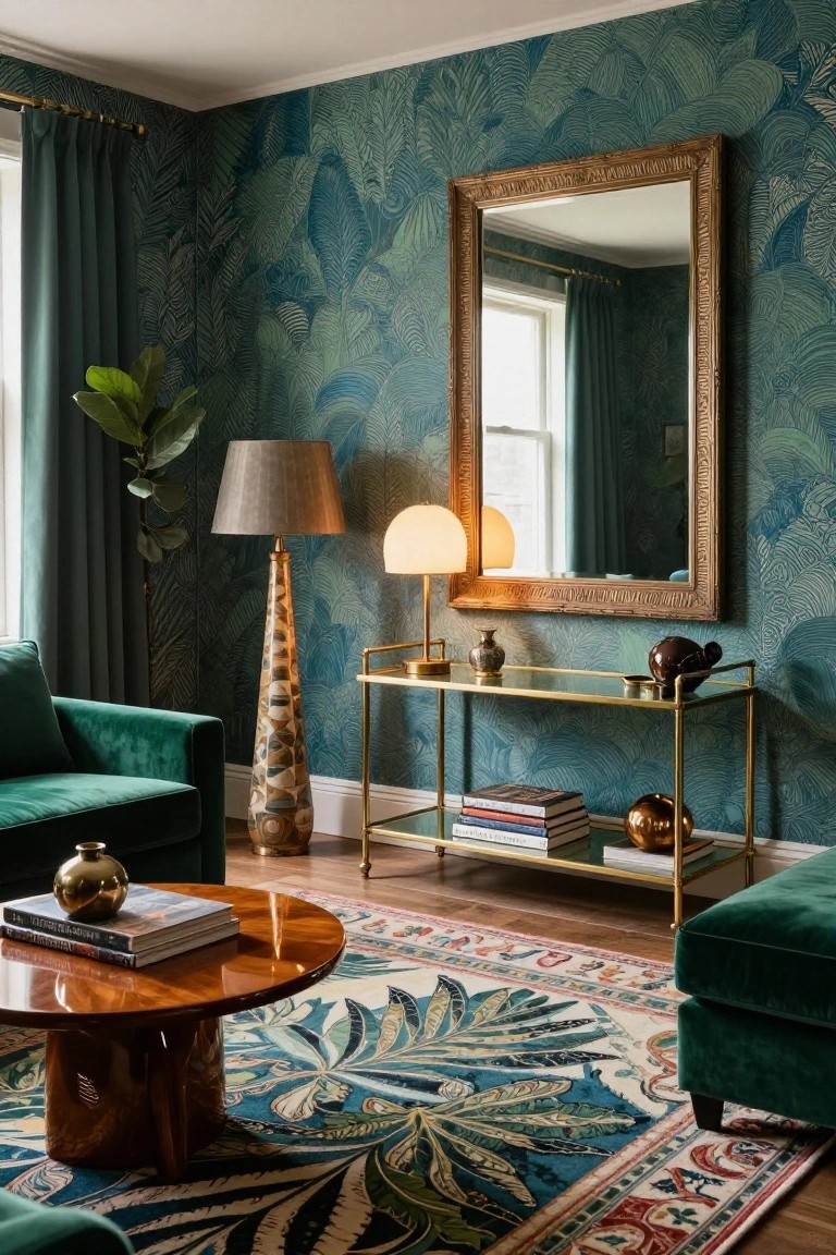 Living room with teal palm leaf wallpaper on walls, emerald green velvet sofa and ottoman, giraffe-patterned floor lamp, gold metal etagere with books and vases, wooden coffee table, and large gold-framed mirror.