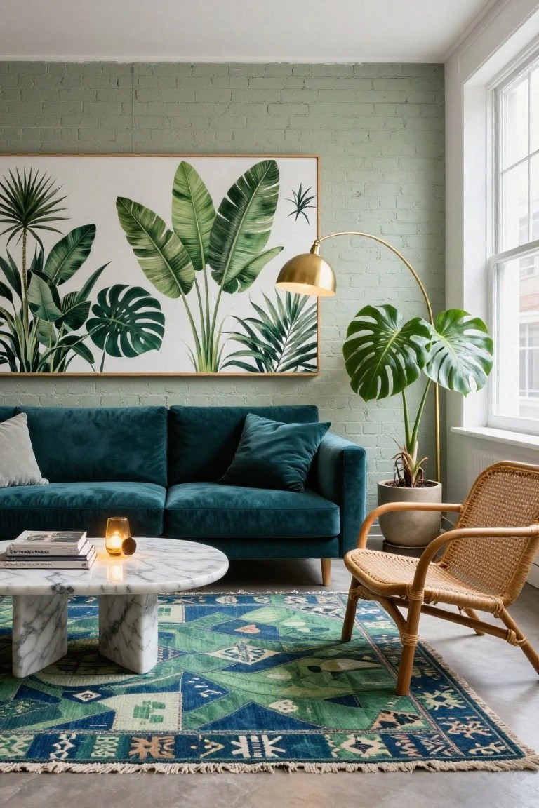 Living room with sage green brick walls, large white-framed tropical leaf artwork, teal velvet sofa, marble coffee table, patterned blue-green rug, monstera plant in pot, gold arc lamp, rattan chair, and books on table.
