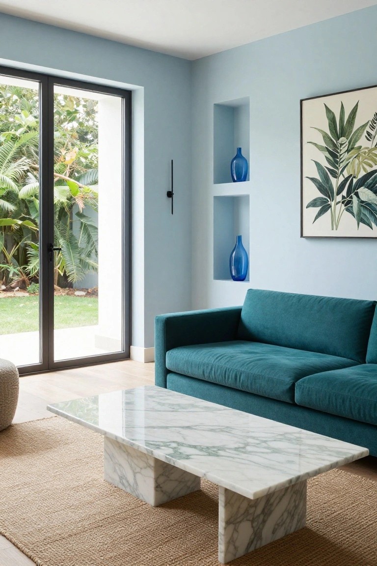 Living room with pale blue walls, deep teal velvet sofa, low white marble coffee table on seagrass rug, blue glass vases in wall niche, and black-framed sliding doors to tropical garden.