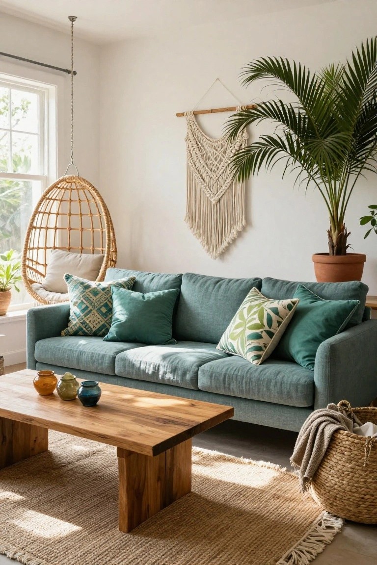 A bright living room with a teal fabric sofa piled with green and patterned pillows, wooden coffee table holding colored vases, rattan hanging chair by the window, macrame wall hanging, large potted palm plant in terracotta pot, beige seagrass rug, and woven basket with throw.
