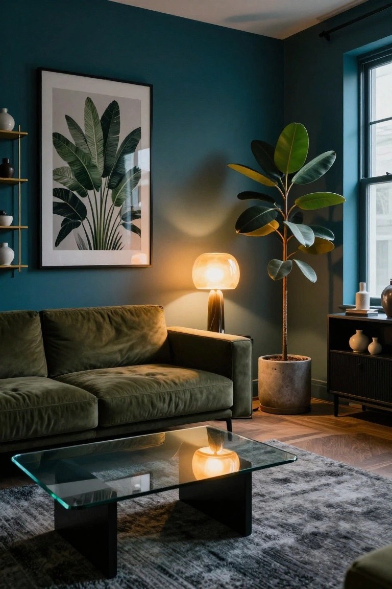 A living room corner with deep teal walls, green velvet sofa, large potted fiddle leaf fig plant, glass coffee table, glowing lamp on black base, and shelves holding ceramics beside a large botanical wall print.