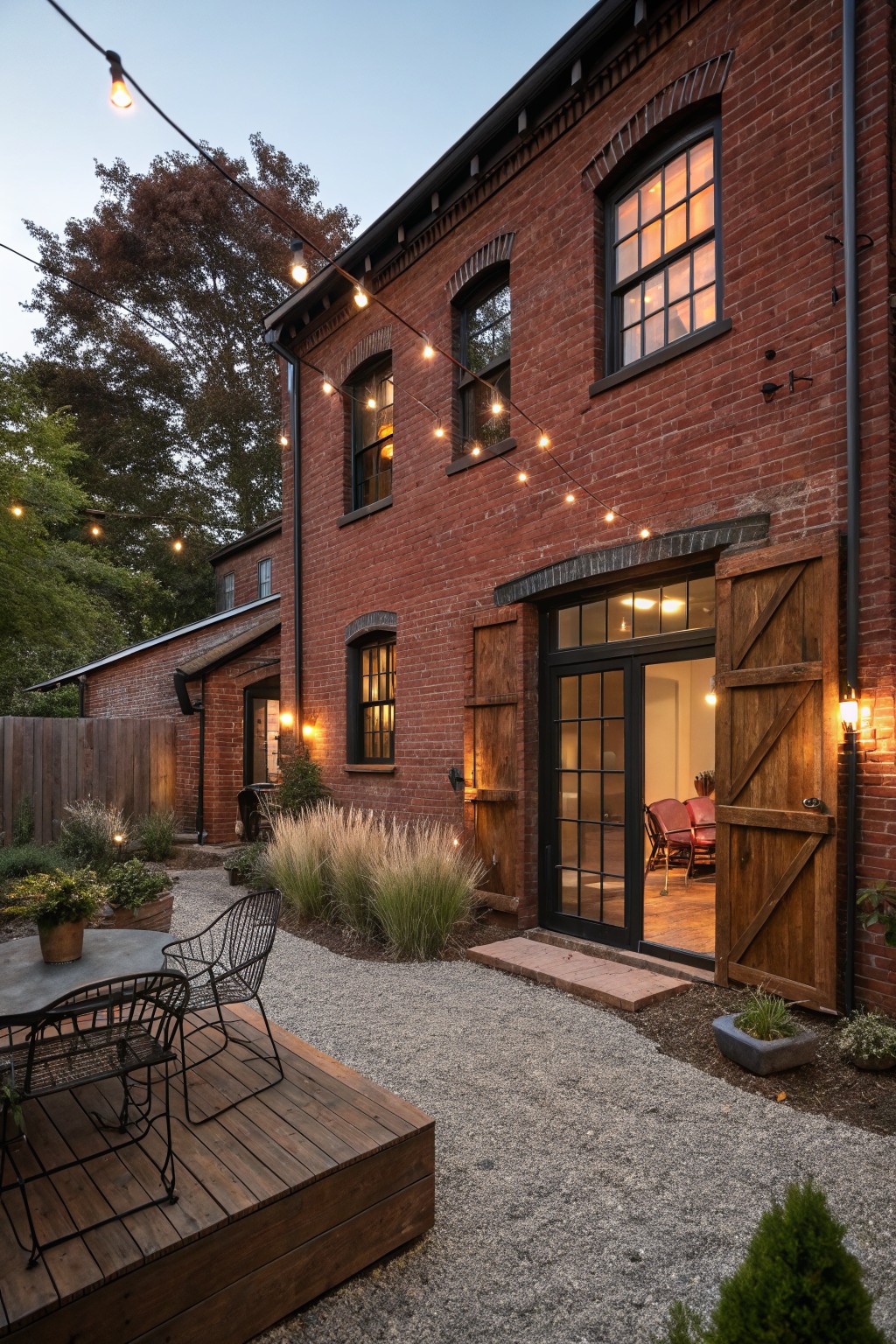 Red brick building exterior at dusk with large open wooden barn-style doors revealing indoor chairs, adjacent gravel patio with metal bistro table and chairs on raised wooden deck, overhead string lights, pampas grass, and small plants.
