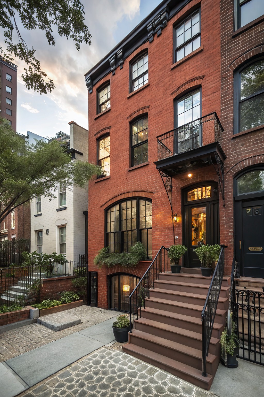 Three-story red brick row house with black window frames, arched entryway, black front door, wrought iron balcony and stairs railing, potted plants flanking the steps, and adjacent buildings in an urban setting.