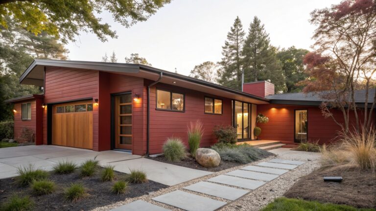 Front view of a single-story house with red brick on the left wall, vertical cedar wood siding forming an entryway labeled "HOUSE", orange wood door, concrete steps, potted plant, and low native grasses in the yard.