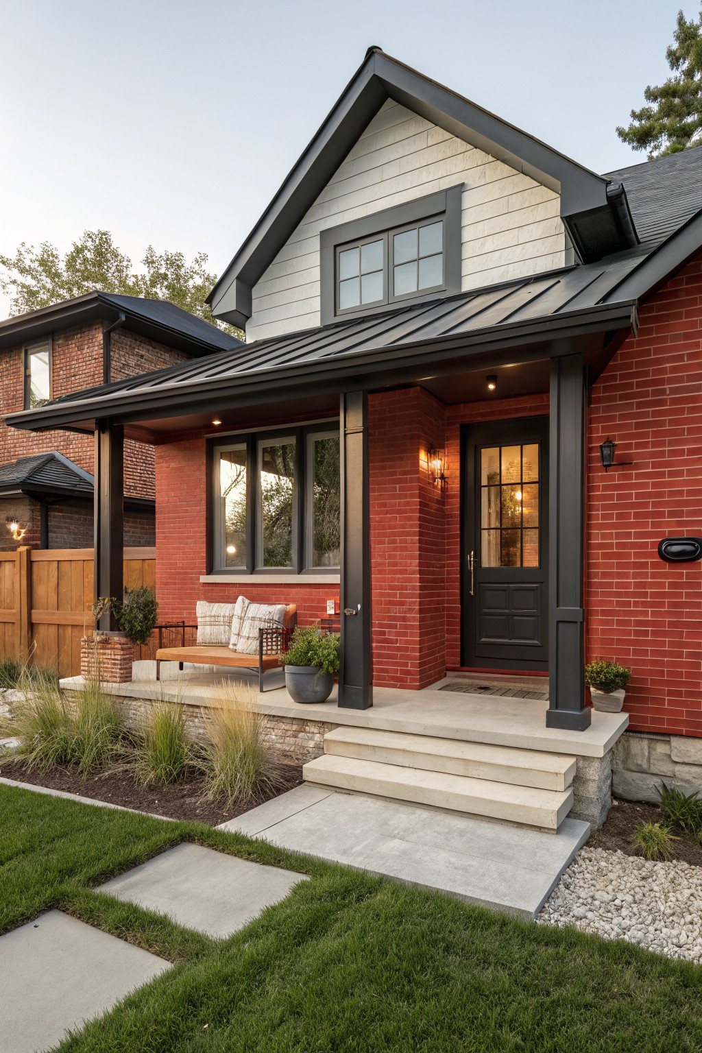 House exterior with red brick lower wall under a covered porch with black metal roof and supports, black front door, white shiplap siding above, and landscaped front yard with steps and seating.