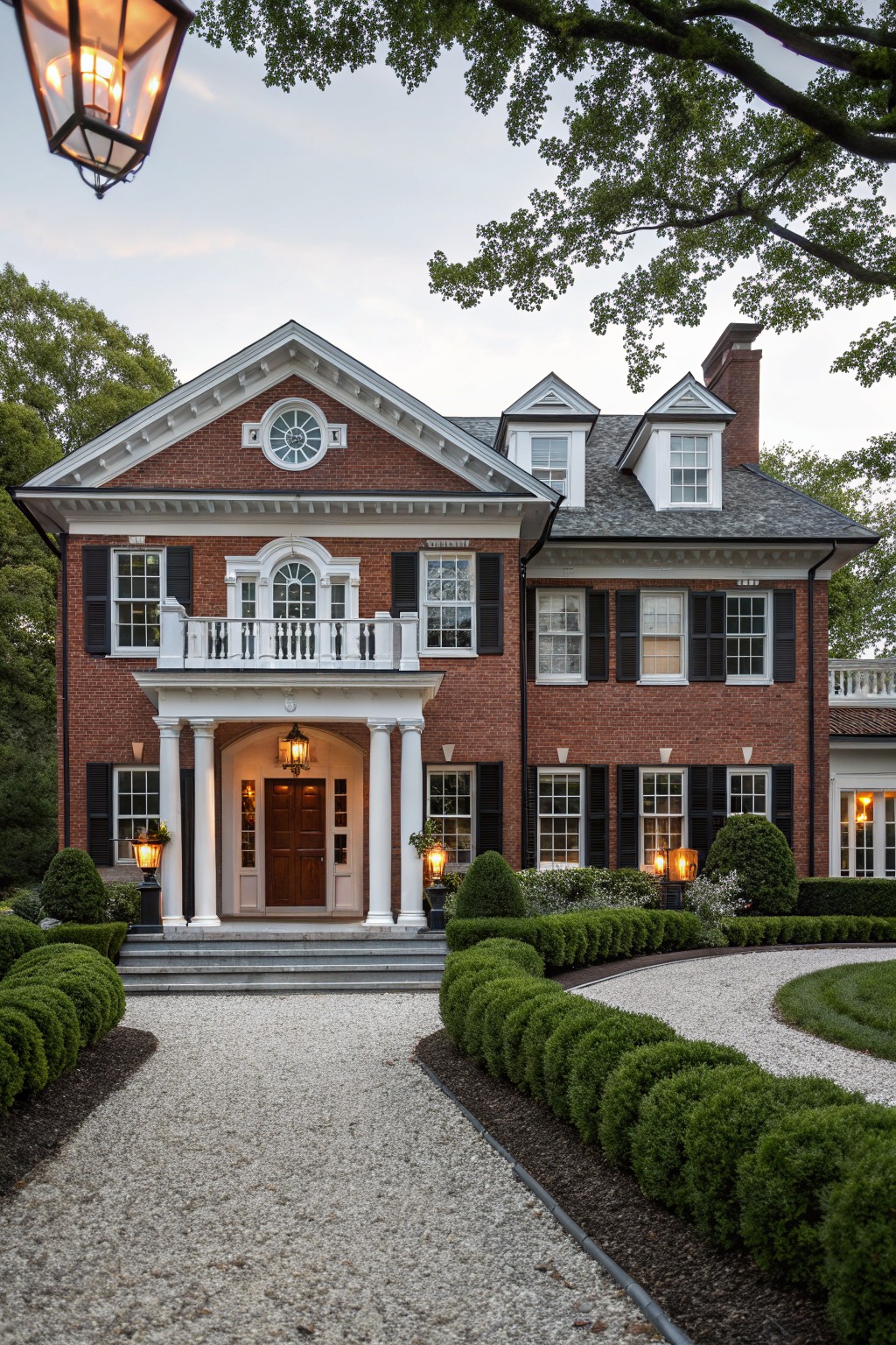 Red brick two-story house with white trim, columned front portico, multiple windows, lanterns, boxwood hedges, and gravel driveway edged by landscaping.