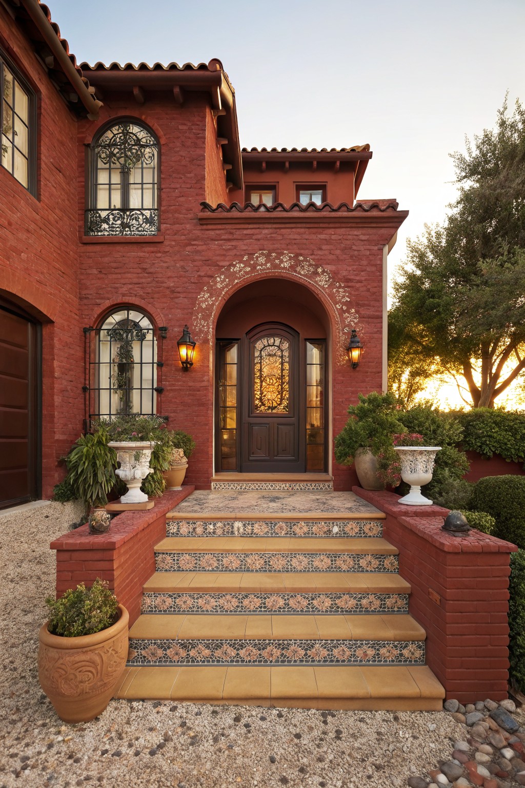 Red brick house exterior featuring an arched wooden front door with glass panels, flanked by arched windows with wrought iron grilles, lantern lights, potted plants, colorful tiled steps, and gravel driveway with surrounding landscaping at sunset.