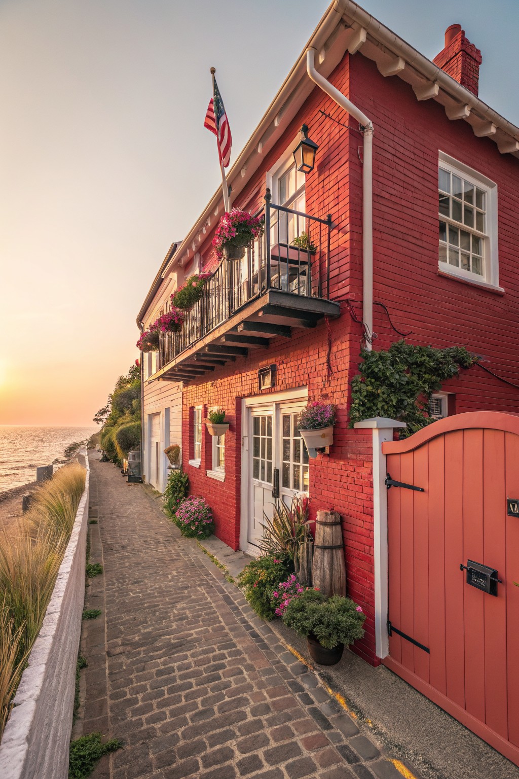 Red brick house exterior featuring a balcony with flower boxes, white doors and windows, red wood gate, cobblestone path, beach grasses, and ocean view at sunset.