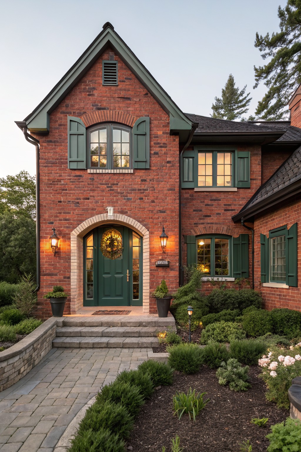 Red brick house exterior featuring dark green shutters, arched green front door with wreath, lanterns, stone steps and pathway, shrubs, and trees at dusk.