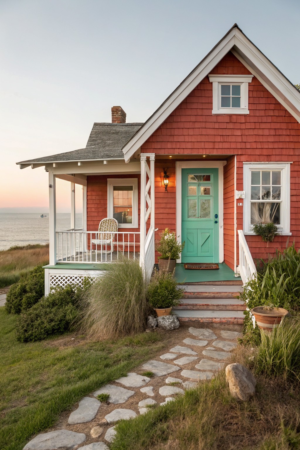 Red shingled cottage with white porch, teal front door, potted plants, stone pathway, grasses, and ocean view in background.