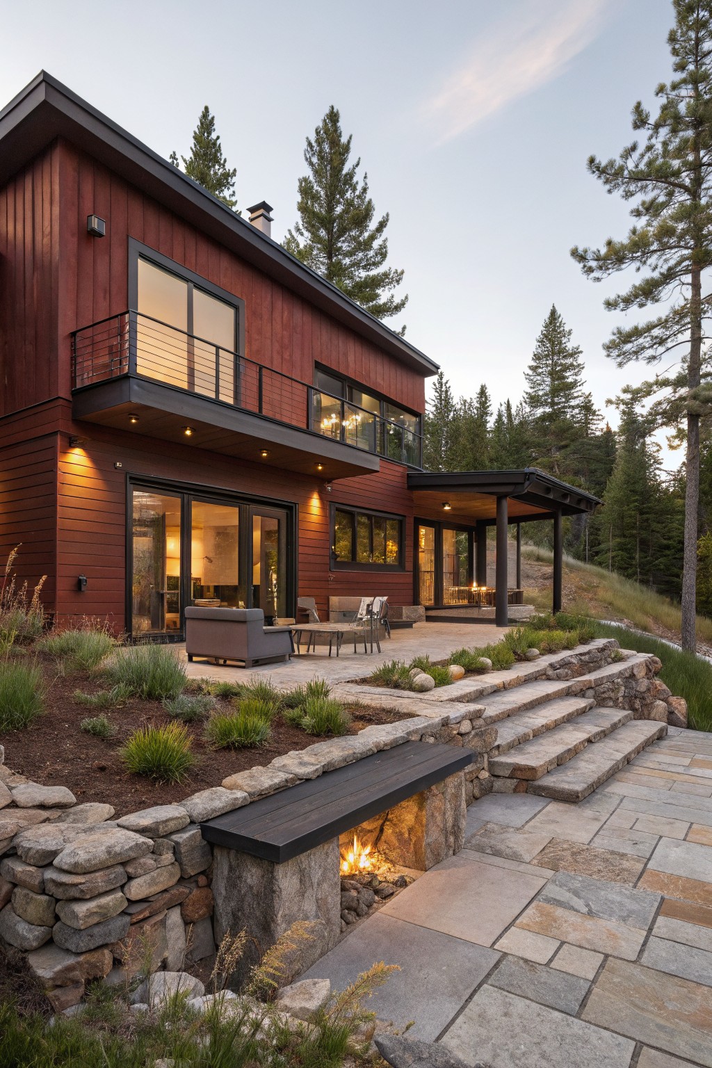 Modern two-story house with red wood siding, black-framed windows and balcony, covered patio with furniture, stone fire pit and steps, surrounded by pine trees and rock landscaping on a hillside.