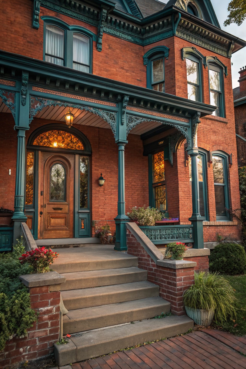 Red brick Victorian house facade with teal-painted porch columns, trim, and gingerbread details, wooden arched front door with stained glass transom and sidelights, lanterns, potted plants, and steps leading to the entry.