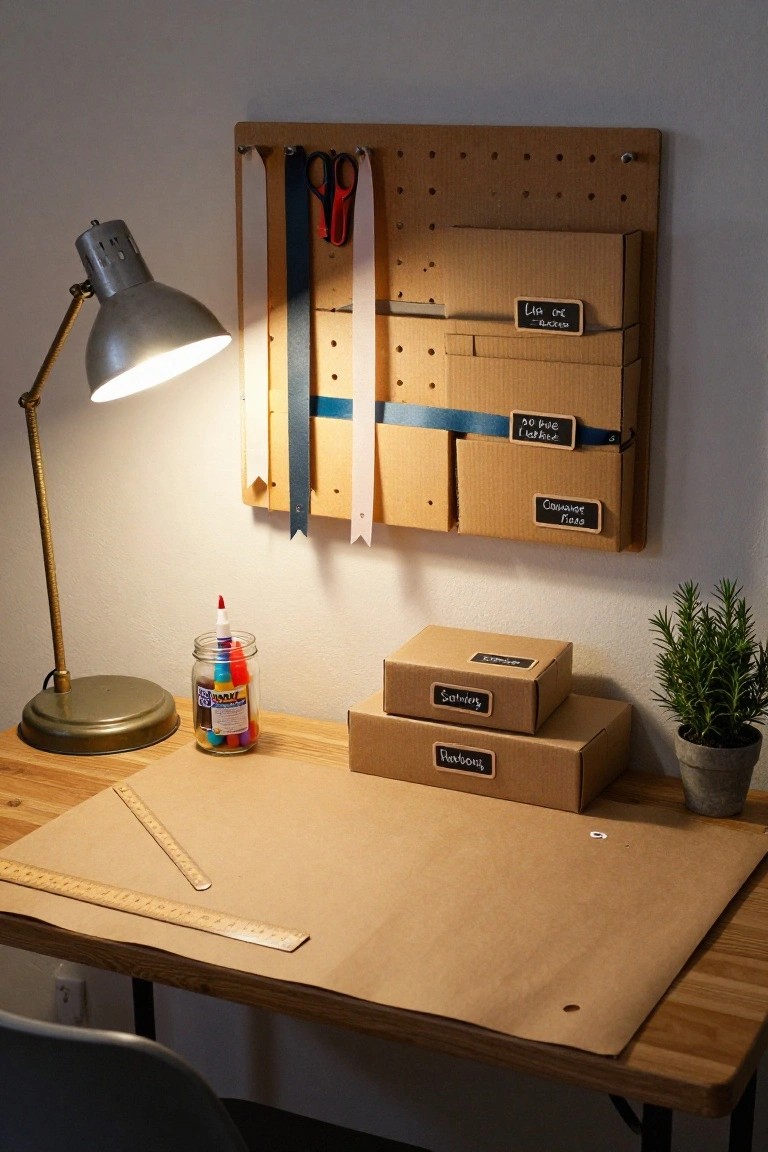 Wooden desk with brown kraft paper covering the surface, two rulers, gold desk lamp, jar of colored markers, stacked labeled cardboard boxes, potted rosemary plant, and pegboard wall organizer holding more labeled boxes and red scissors.
