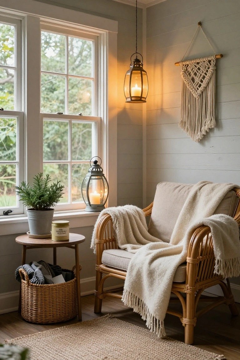 Indoor room corner with large window showing trees outside, rattan armchair draped in white throw blanket, side table holding potted plant and candle jar, two lanterns with lit candles, macrame wall hanging, hanging lantern light, and woven basket on floor.