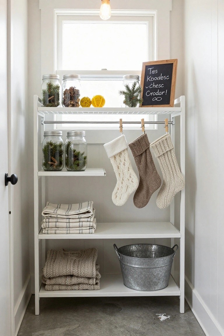 White open shelving unit in a small white room displaying jars filled with pine branches and spices on upper shelves, knitted Christmas stockings hanging from a rod, folded striped linens and knit sweaters on middle shelf, galvanized bucket on bottom shelf, and small chalkboard sign propped nearby, with window and black doorknob visible.