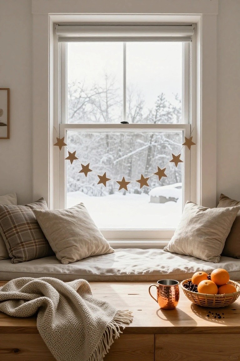 Window seat bench in a light room with cream and plaid pillows, knitted throw, copper mug, woven basket of oranges and cloves, and string of gold paper stars hanging across the double-pane window showing snowy trees outside.