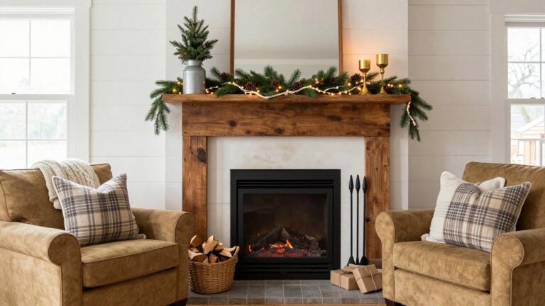White shiplap fireplace mantel decorated for Christmas with green pine garland, pinecones, fairy lights, galvanized bucket holding mini tree, gold candles, firewood basket, and beige armchair with plaid pillows nearby