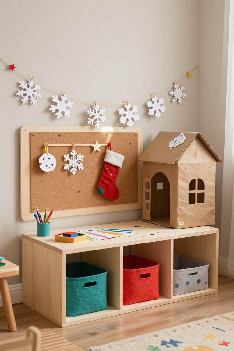 Wooden cubby unit with teal, red, and gray felt bins beside a corkboard displaying paper snowman, snowflake, stocking, and hanging garland of white paper snowflakes and stars, next to a cardboard house with snowflake decoration in a light-colored room.