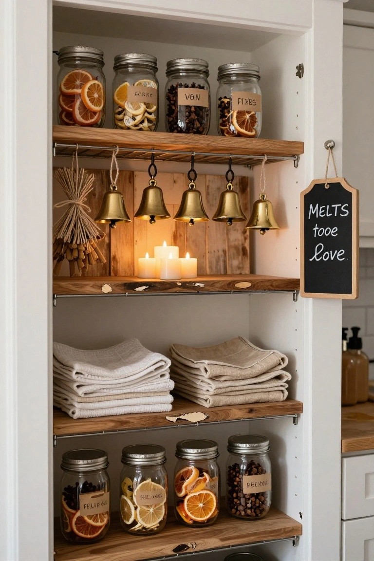 Open kitchen cabinet with rustic wooden shelves displaying labeled glass jars filled with dried orange slices, lemon peels, cloves, coffee beans, and other spices, stacked beige linens, hanging brass bells, lit white candles, bundles of twigs, and a chalkboard sign labeled "Melts tooe Love".
