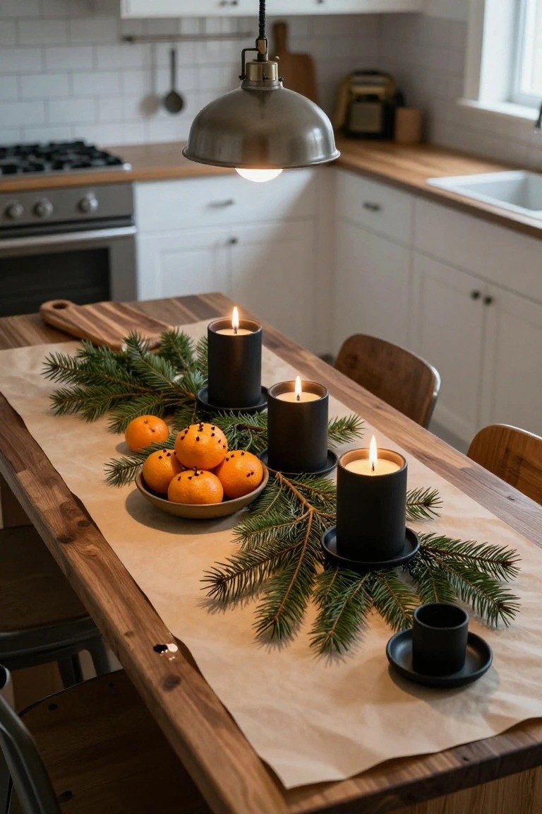 Wooden dining table in a white kitchen with brown paper runner holding pine branches, a white bowl of clove-studded clementines, lit black pillar candles in black saucers, wooden chairs, and pendant light overhead.