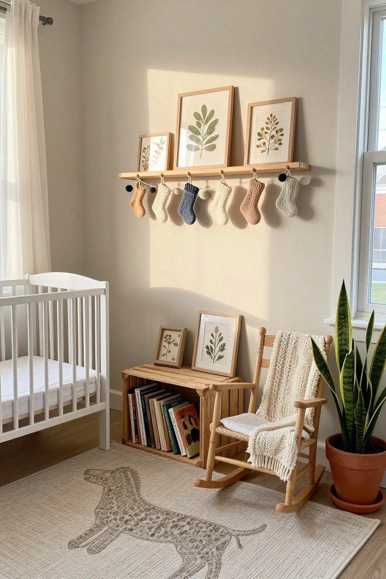 Nursery with white crib, wooden rocking chair with white blanket, crate bookshelf with books, potted snake plant, wooden floating shelf with botanical prints and colorful knit stockings hanging from hooks, beige walls, sheer curtains, and dog-patterned rug.