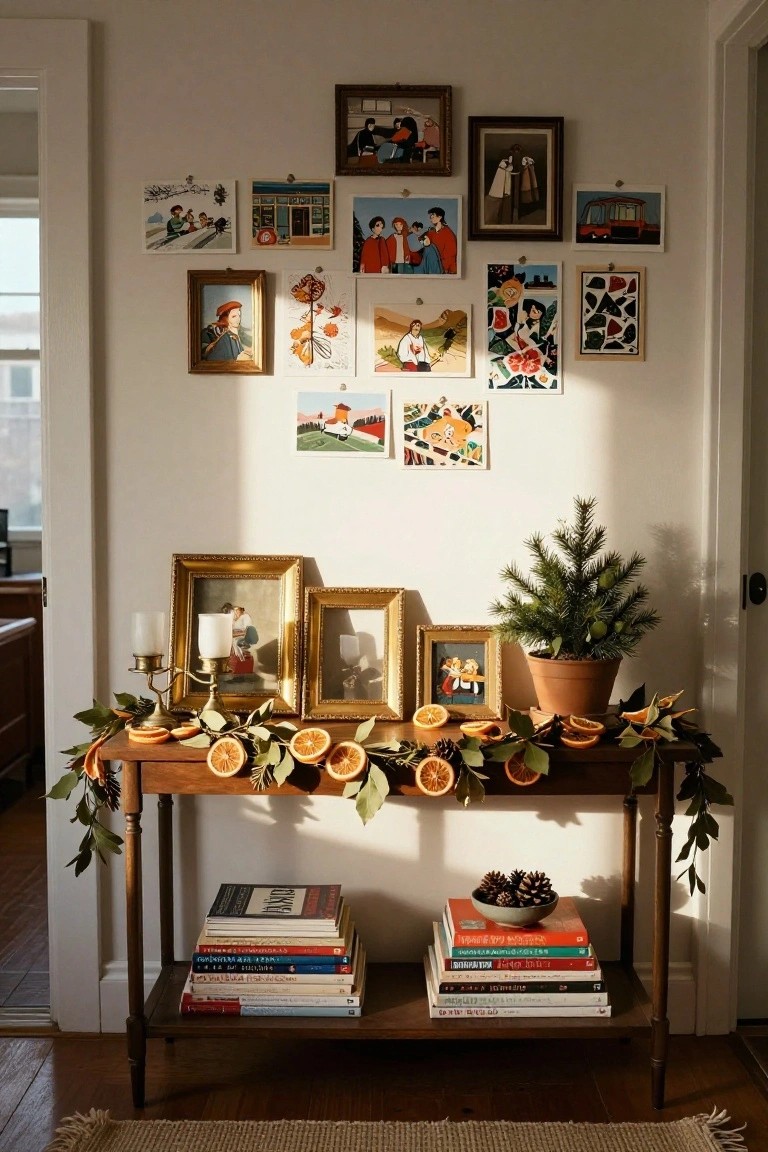Wooden console table in a white-walled hallway holding stacks of books, a bowl of pinecones, gold-framed photos, candles, dried orange garland, and a small potted fir tree, with assorted art and photos on the wall above.