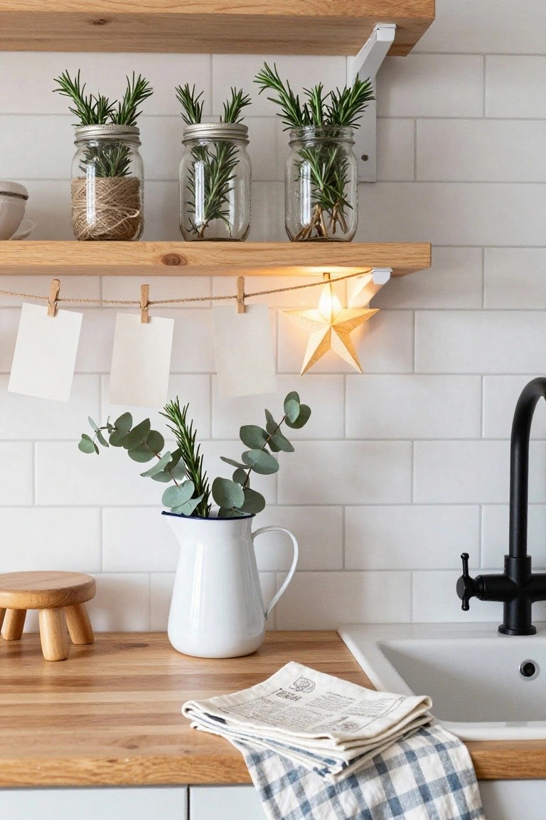 Kitchen shelves holding mason jars with rosemary plants, a lower shelf with string lights, star lantern, blank cards on clothespins, eucalyptus in a white jug on wooden counter near sink, white subway tile walls.