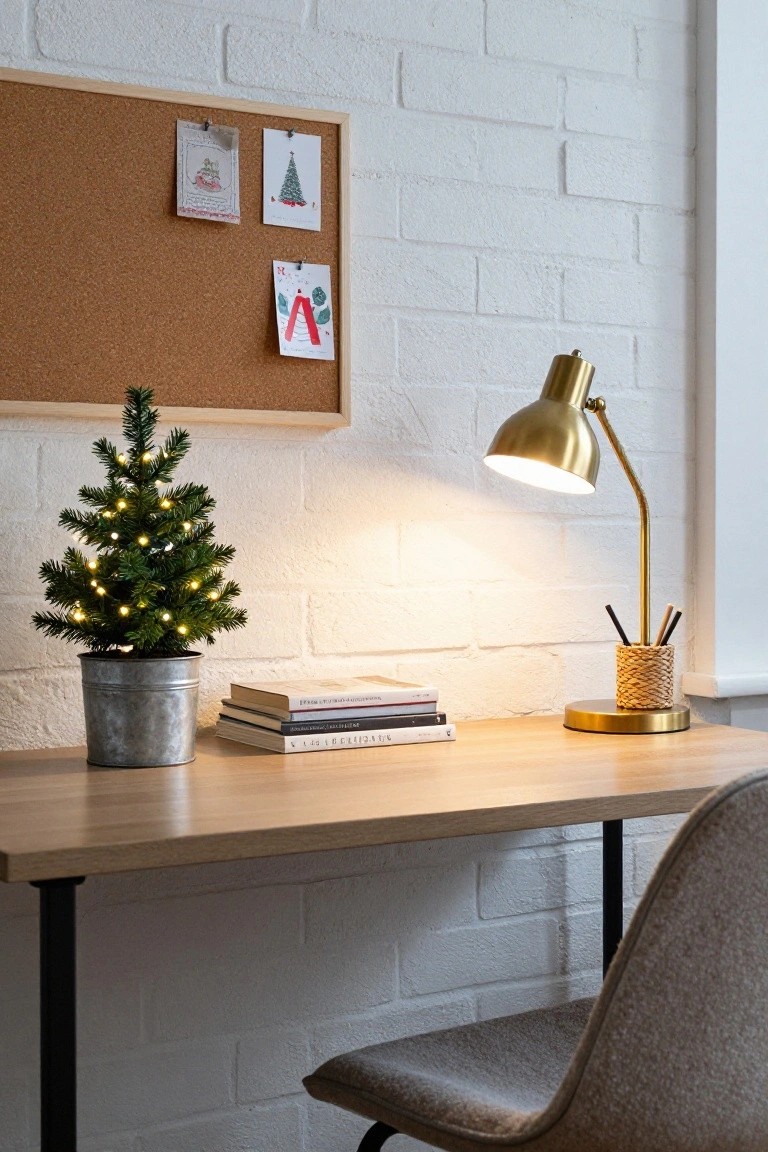 Wooden desk with small lit artificial Christmas tree in galvanized metal pot, stacked books, gold desk lamp, woven pencil holder, and corkboard pinned with holiday cards against white brick wall.