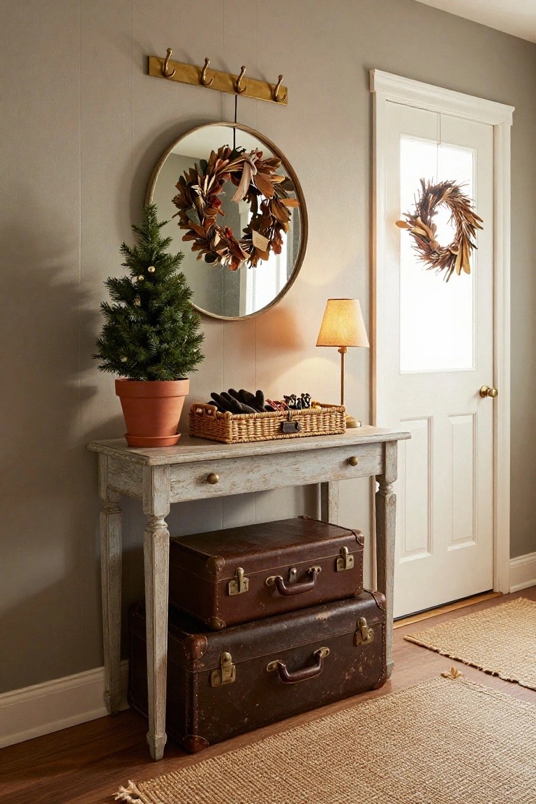 Entryway interior with beige walls, whitewashed console table holding a lamp, wicker basket with pinecones and small figures, stacked brown leather suitcases underneath, small lit Christmas tree in terracotta pot beside the table, round mirror with leaf wreath on wall, and white front door with matching wreath.