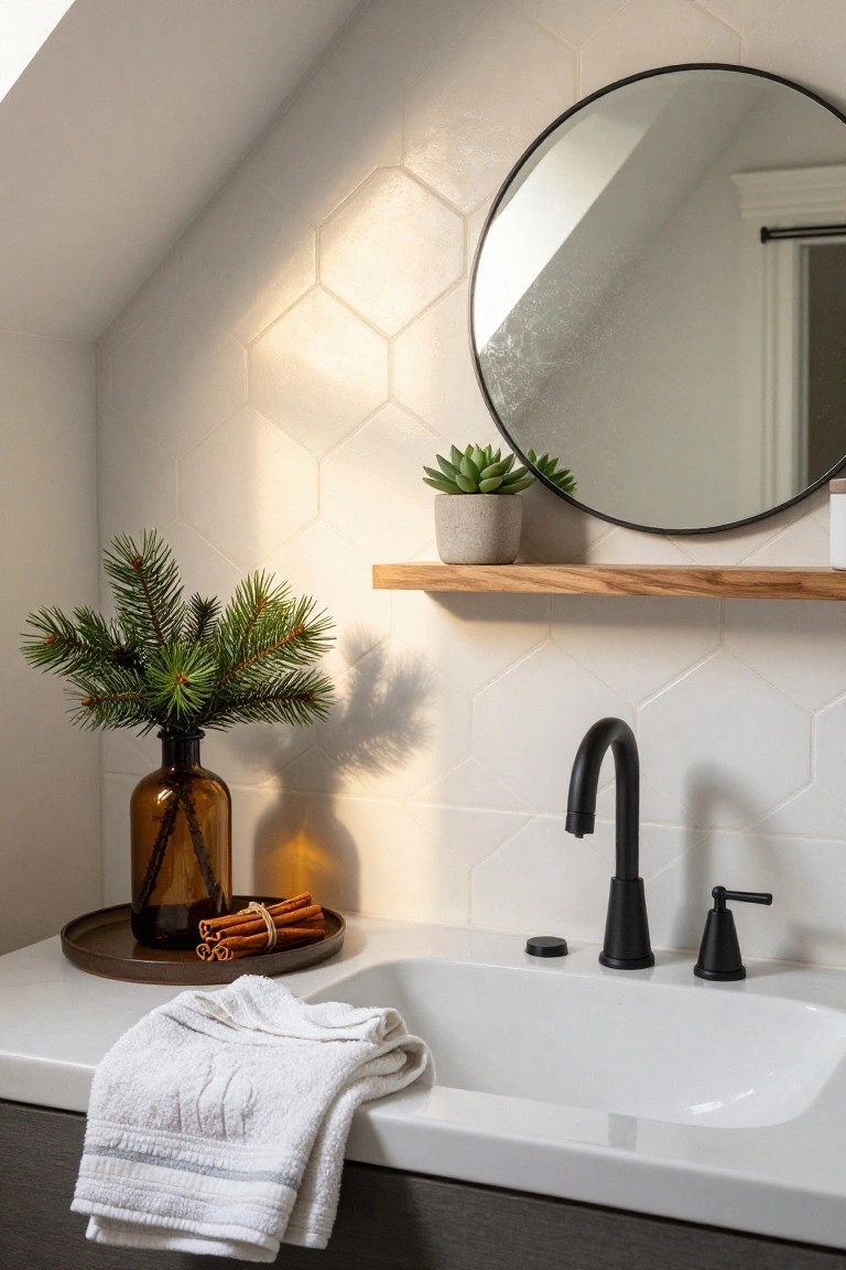 Modern bathroom vanity with white hexagonal backsplash tiles, black gooseneck faucet and handles, round black-framed mirror, wooden shelf holding a potted succulent, amber glass vase of pine branches, tray with bundled cinnamon sticks, and white towel draped over the white sink on dark cabinetry.