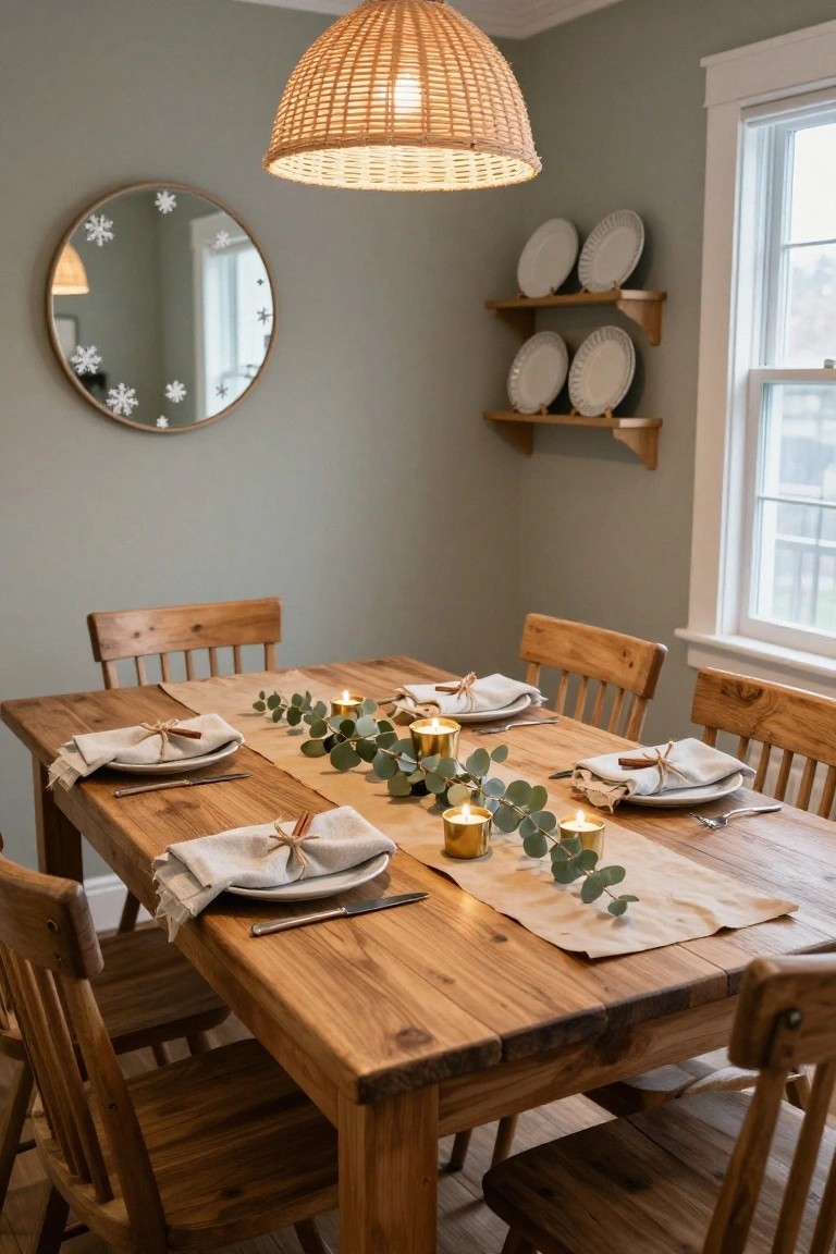 Dining room table decorated for Christmas with a burlap runner topped by eucalyptus garland and gold candle holders, place settings featuring white plates and linen napkins tied with cinnamon sticks, wooden chairs, sage green walls, snowflake mirror, and rattan pendant light.