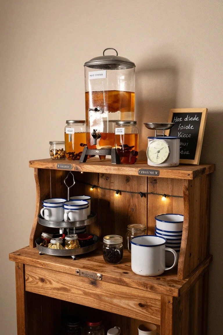 Wooden freestanding shelf unit holding a glass dispenser labeled "hot drinks" filled with amber liquid, assorted jars with infusions and spices, enamelware mugs, a scale, and string lights against a beige wall.