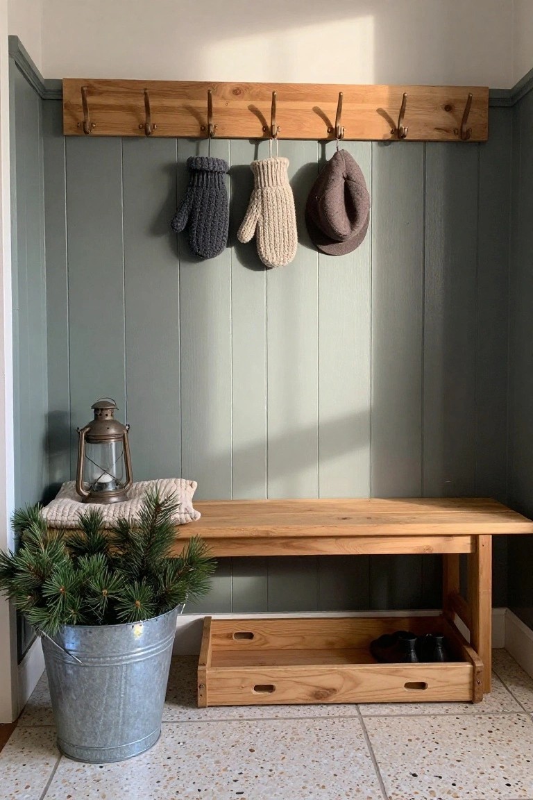 Indoor mudroom corner with teal shiplap walls, wooden coat hooks holding gray mittens, white mittens, and a brown hat, wooden bench with shoe drawer, galvanized bucket of fir branches, lantern on quilted pillow beside the bench, and terrazzo tile floor.