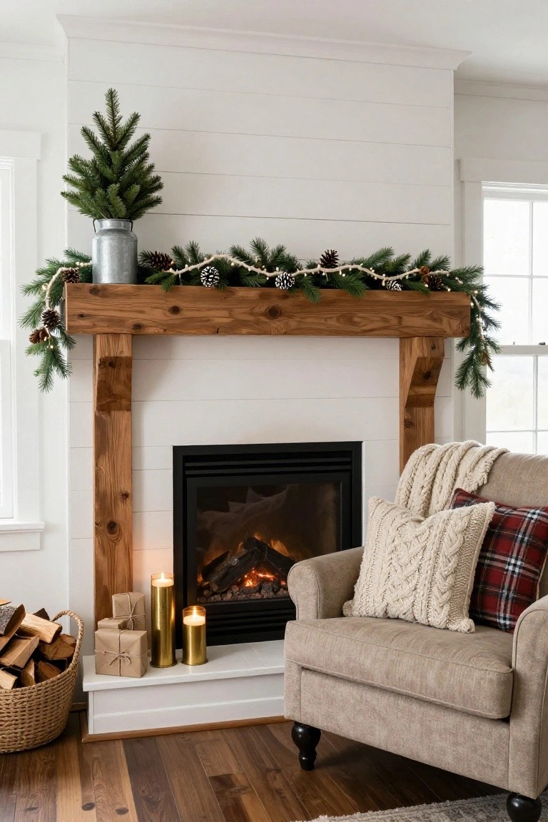 White shiplap fireplace mantel decorated for Christmas with green pine garland, pinecones, fairy lights, galvanized bucket holding mini tree, gold candles, firewood basket, and beige armchair with plaid pillows nearby