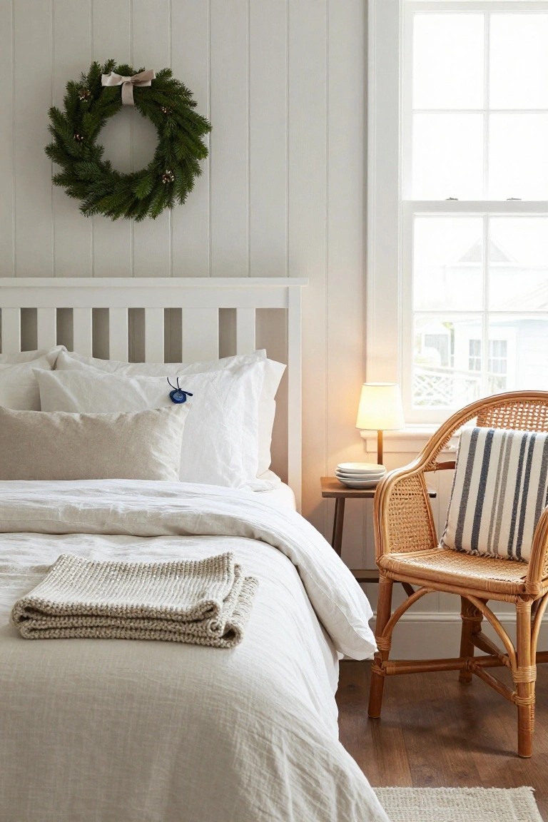 Bedroom with white shiplap walls, green Christmas wreath hanging above white bed headboard with neutral pillows and linens, bedside table holding lamp and stacked plates, rattan chair with striped pillow nearby, and window with view outside.