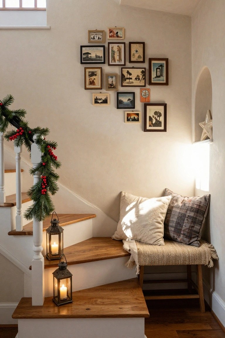 Staircase corner with Christmas garland and red berries draped along the white railing, two lit brass lanterns on wooden steps, beige pillows on a wicker bench, and assorted small framed photos on a light wall.
