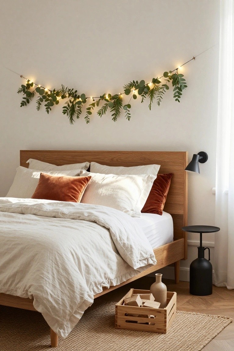 Bedroom with oak bed frame, white linen duvet and sheets, rust velvet pillows, faux green garland with white fairy lights draped on white wall above bed, black wall lamp, black vase on floor, small black side table, wooden crate with wood blocks, and seagrass rug on wood floor.