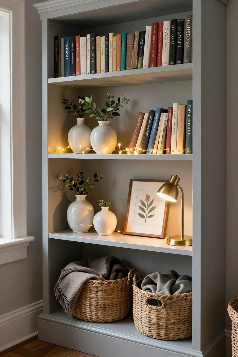 White bookshelf with books, vases, string lights, lamp, and woven baskets.