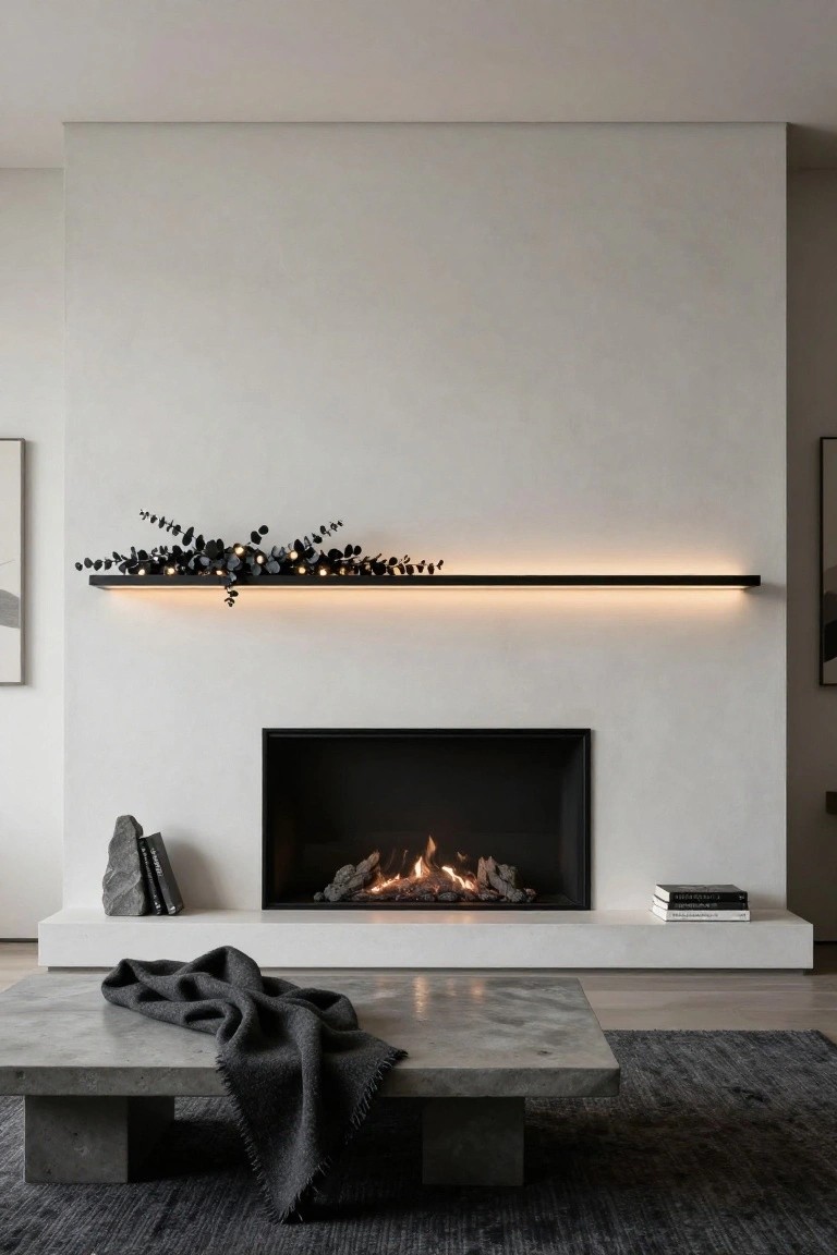 Modern interior with white wall fireplace featuring black floating shelf holding dark eucalyptus garland with fairy lights and small birds, gas fire burning, concrete coffee table with gray throw in front on dark rug.