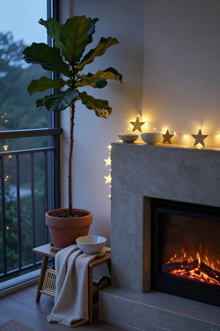 Corner of a modern living room with a tall potted fiddle leaf fig plant beside a concrete mantel electric fireplace, decorated with draped star fairy lights, white bowls, and garlands, viewed through a balcony window at dusk.