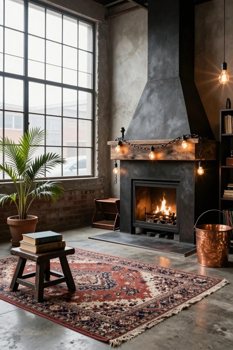 Industrial interior with matte black fireplace topped by wooden mantel garland strung with Edison bulb lights, potted palm plant, stack of books on stool, Persian rug on concrete floor, and large factory windows.