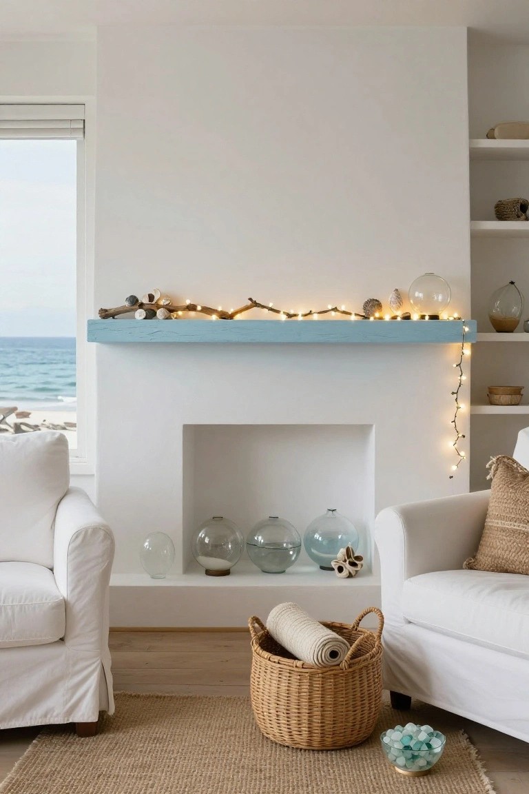 White-walled living room with ocean view featuring a blue-painted wooden mantel shelf holding a driftwood branch strung with fairy lights, shells, and glass orbs above an empty fireplace, flanked by white armchairs, baskets, and blue glass pebbles on the floor.