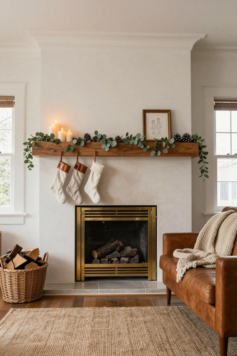 White living room with plaster fireplace and gold gas firebox burning logs, wooden mantel trough holding eucalyptus garland, pinecones, and white candles, three white knit stockings with brown leather cuffs hanging from leather straps, framed drawing above, firewood basket, tan leather armchair with cream throw, seagrass rug, and wood floors.